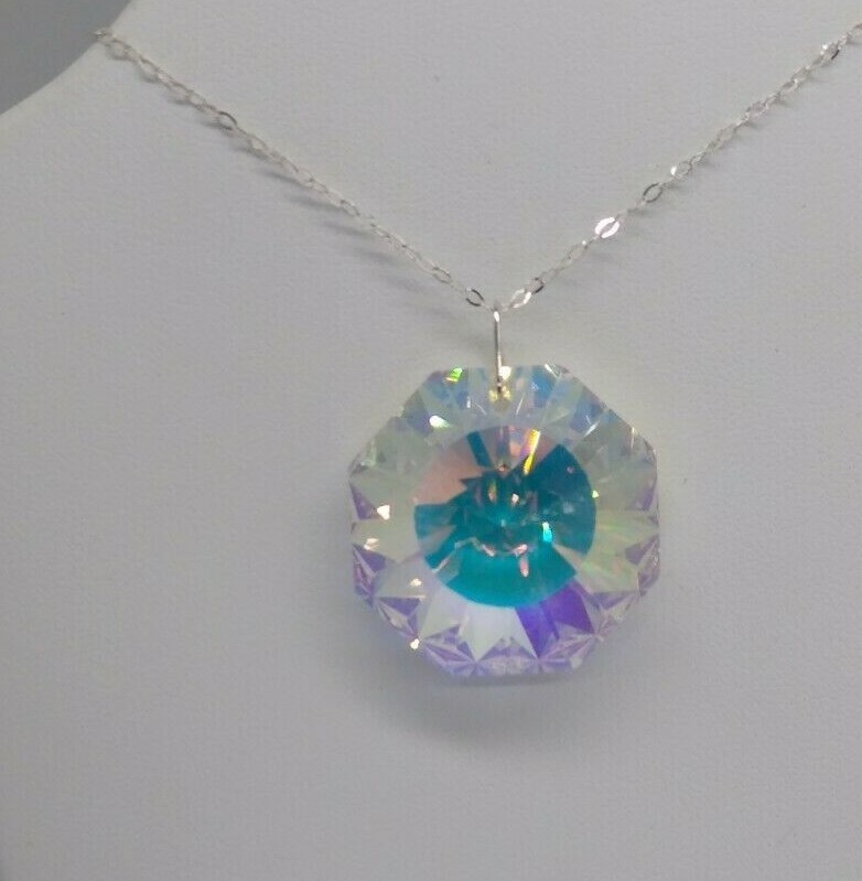 Handmade Sterling Silver Swarovski Crystal Clear AB 28mm Sunburst 6208 Necklace