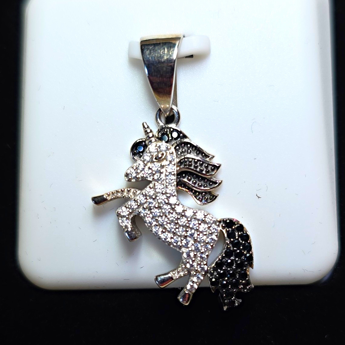 925 Sterling Silver Unicorn Pendant Clear/Black Simulated Spinel Pavé Stones
