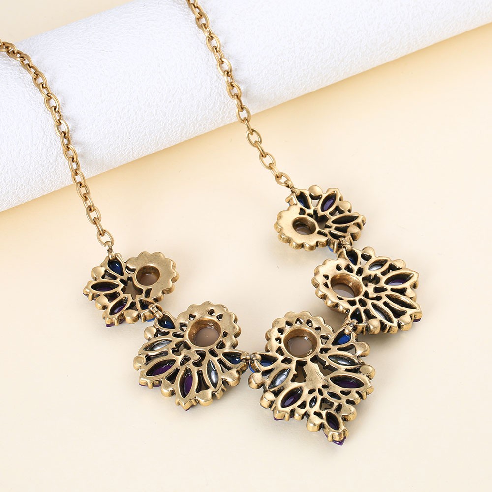 Vintage Colorful Resin Floral Bib Necklace Gold Plated Rhinestone For Women
