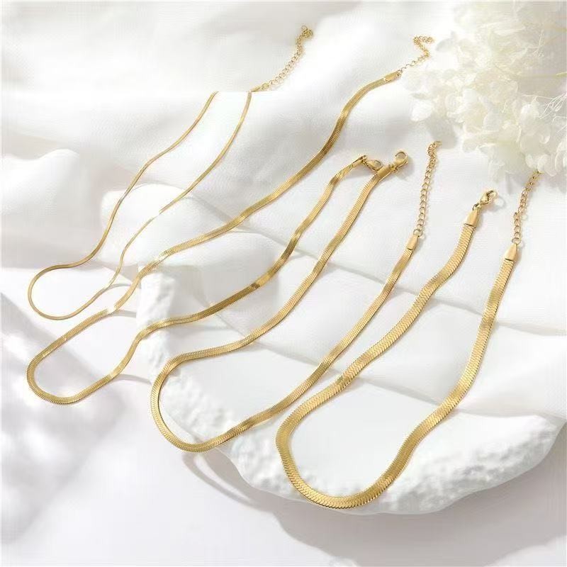 14K Gold Titanium Steel Snake Chain Necklace Flat Herringbone Choker Necklace