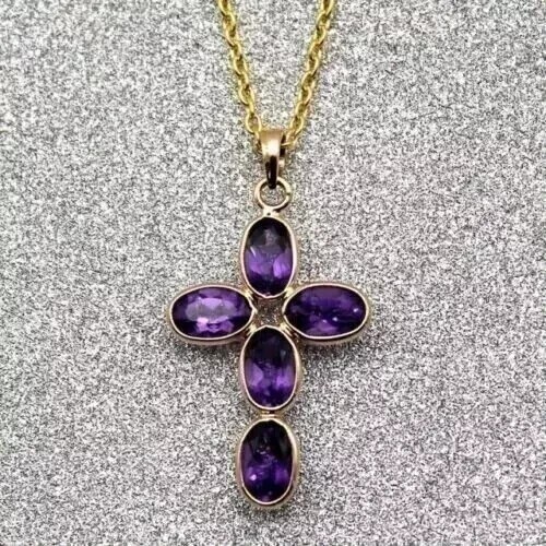 Oval Cut Simulated Purple Amethyst Cross Pendant Chain In 14k Yellow Gold Plated