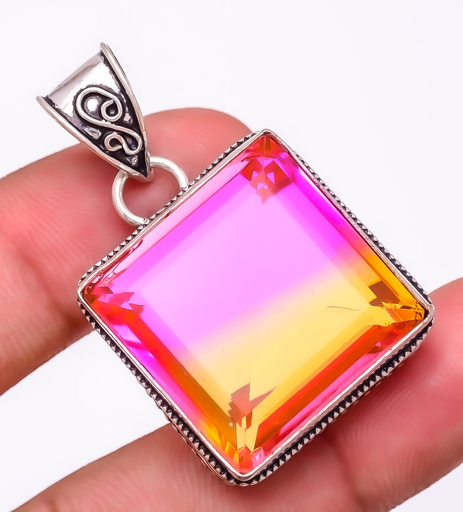 Bi-Color Tourmaline Gemstone 925 Silver Plated Jewelry Pendant 1.6″ T8618