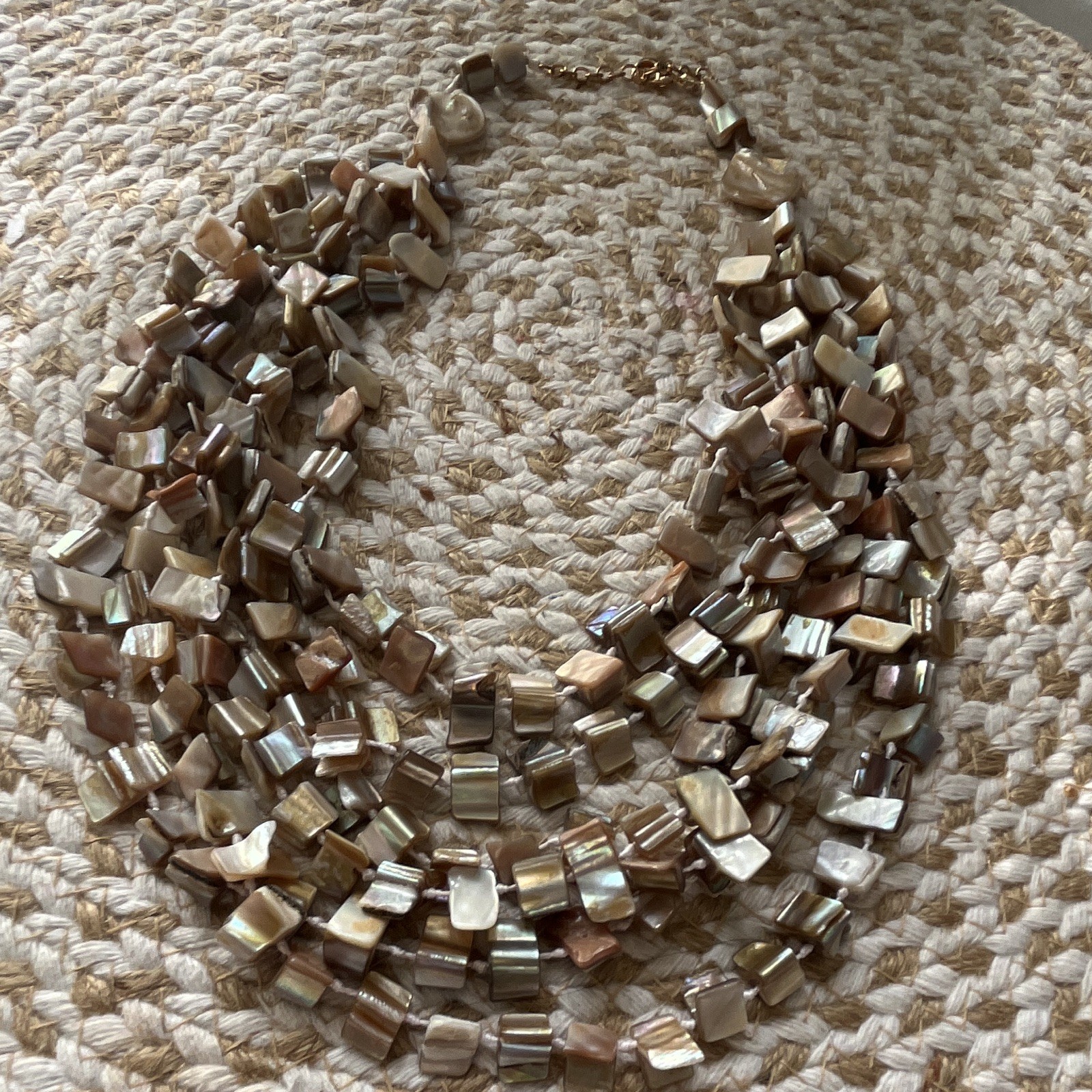 Multi-Strand Beige Square Shell Beaded Bib Necklace, Adjustable Lobster Clasp