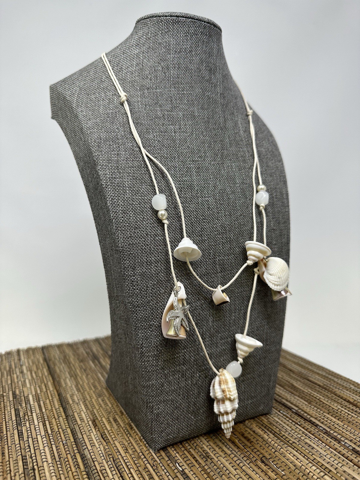 Boho Beach Adjustable Seashell Necklace w/ Starfish Charms & Beads 22-26″