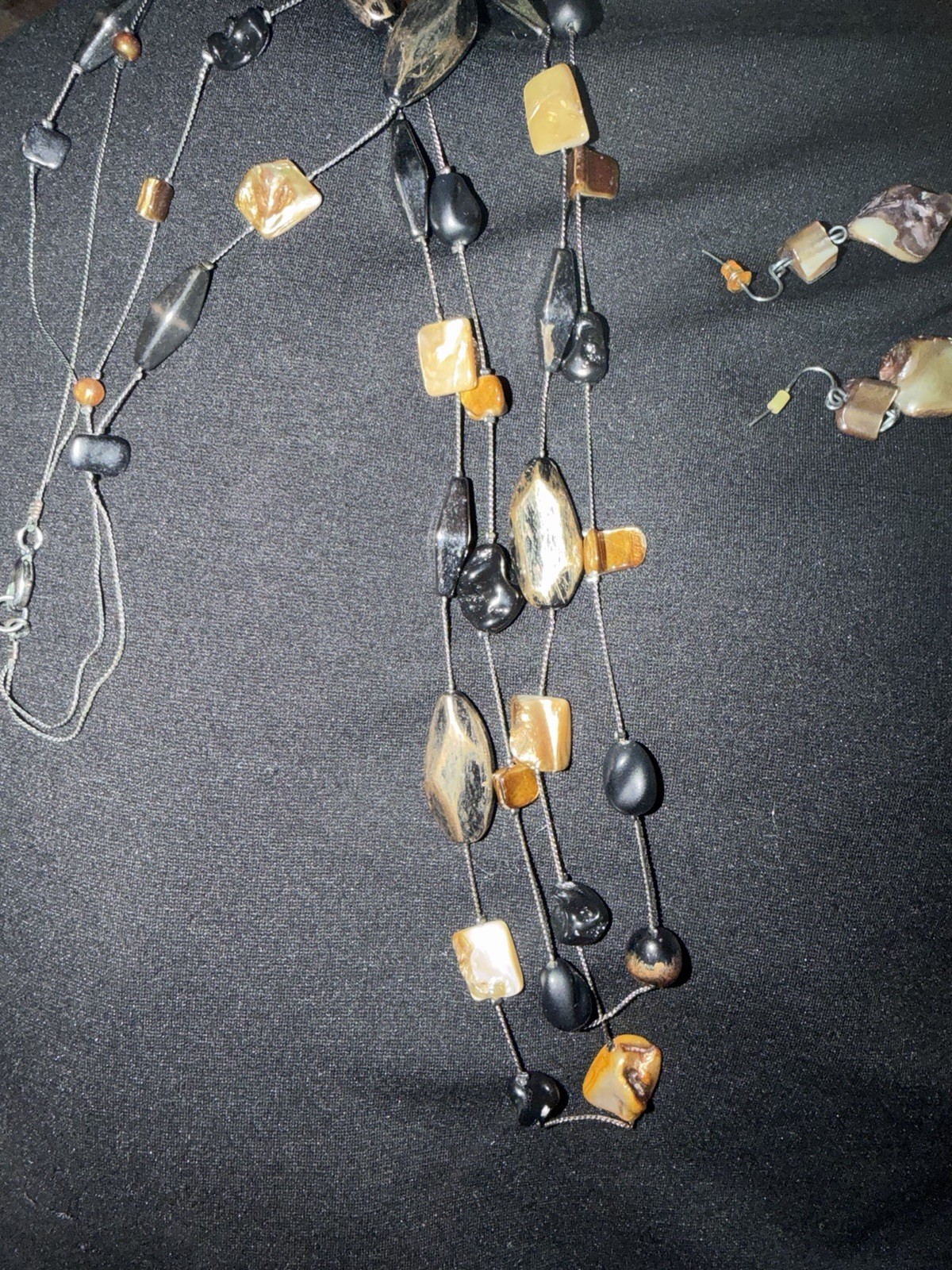 Black & Beige Layered Stone Beaded Necklace earrings Bohemian Asymmetrical