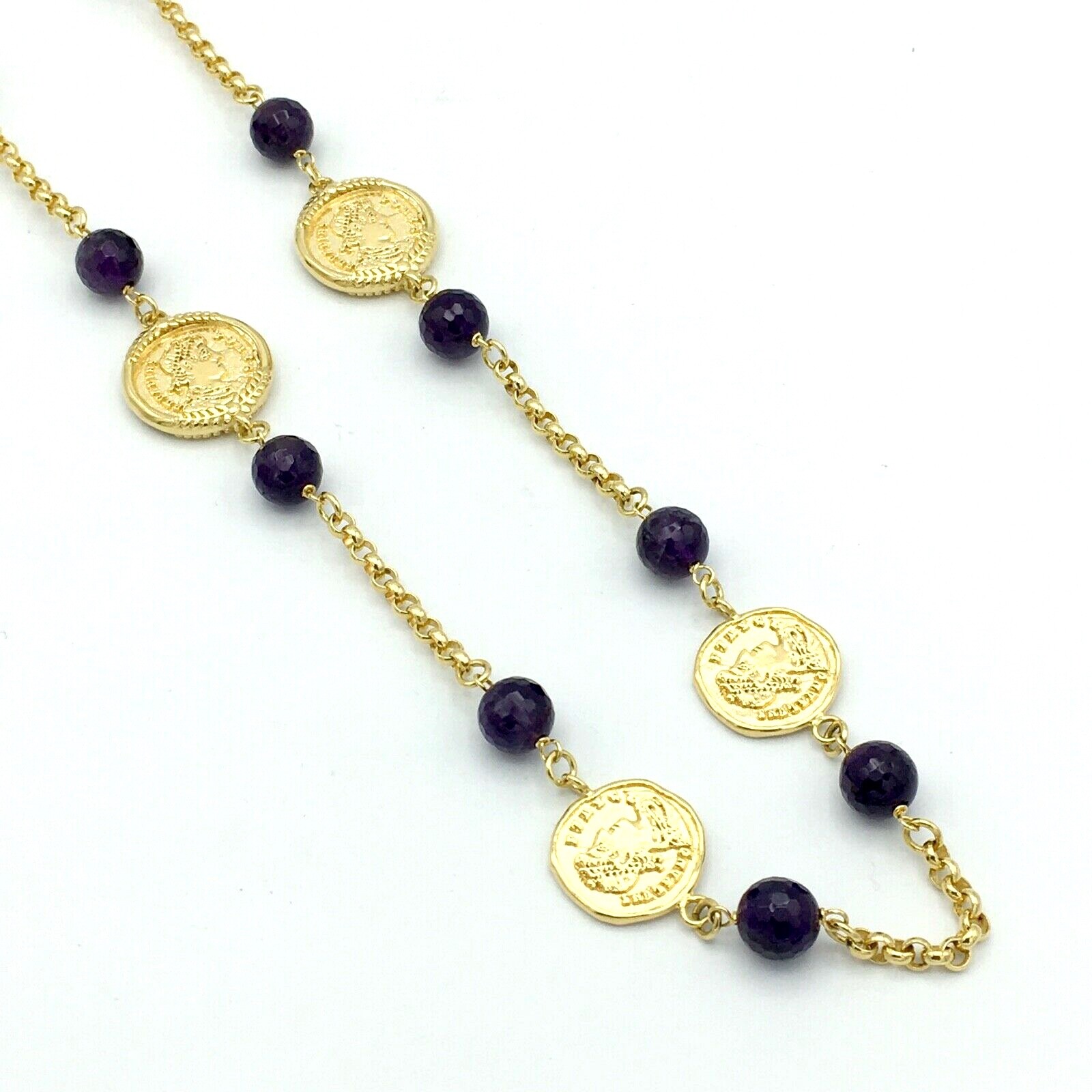 BRONZALLURE faux coin necklace – amethyst bead gold-plated station Italy 35″