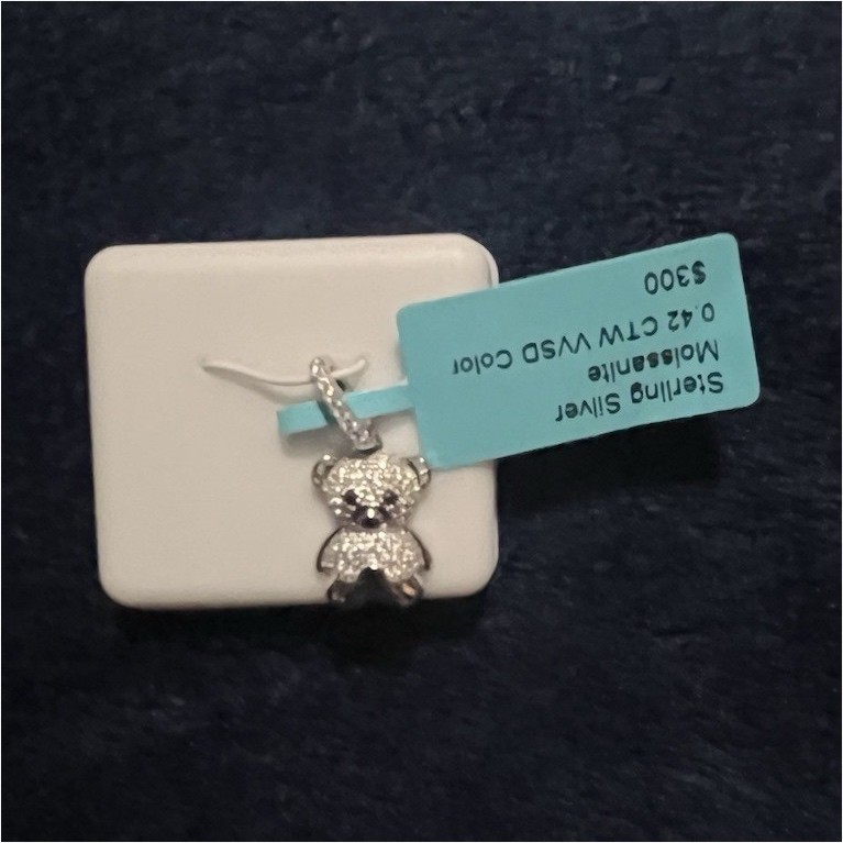 Sterling Silver Pavé Moissanite Teddy Bear Charm Pendant White/Colorless Stone