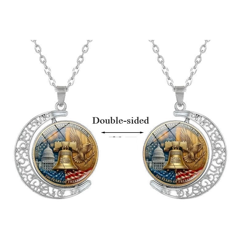 American 250th Anniversary Double-Sided Rotating Moon Alloy Necklace