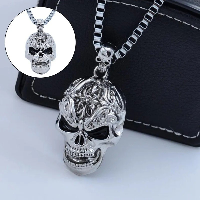 Mens Large 2″ Sugar Skull Metal Pendant Necklace 22″ Box Chain Biker Punk