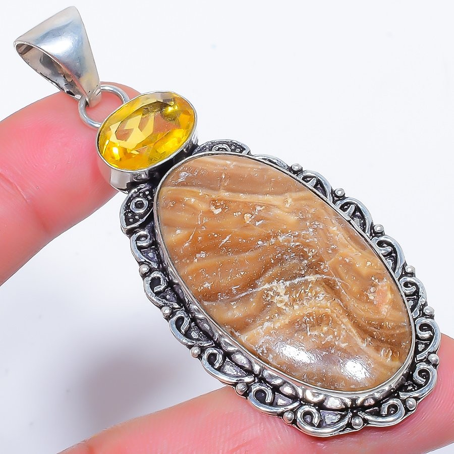 Natural Wave Jasper & Citrine 925 Silver Plated Jewelry Pendant 3.0″ S2090
