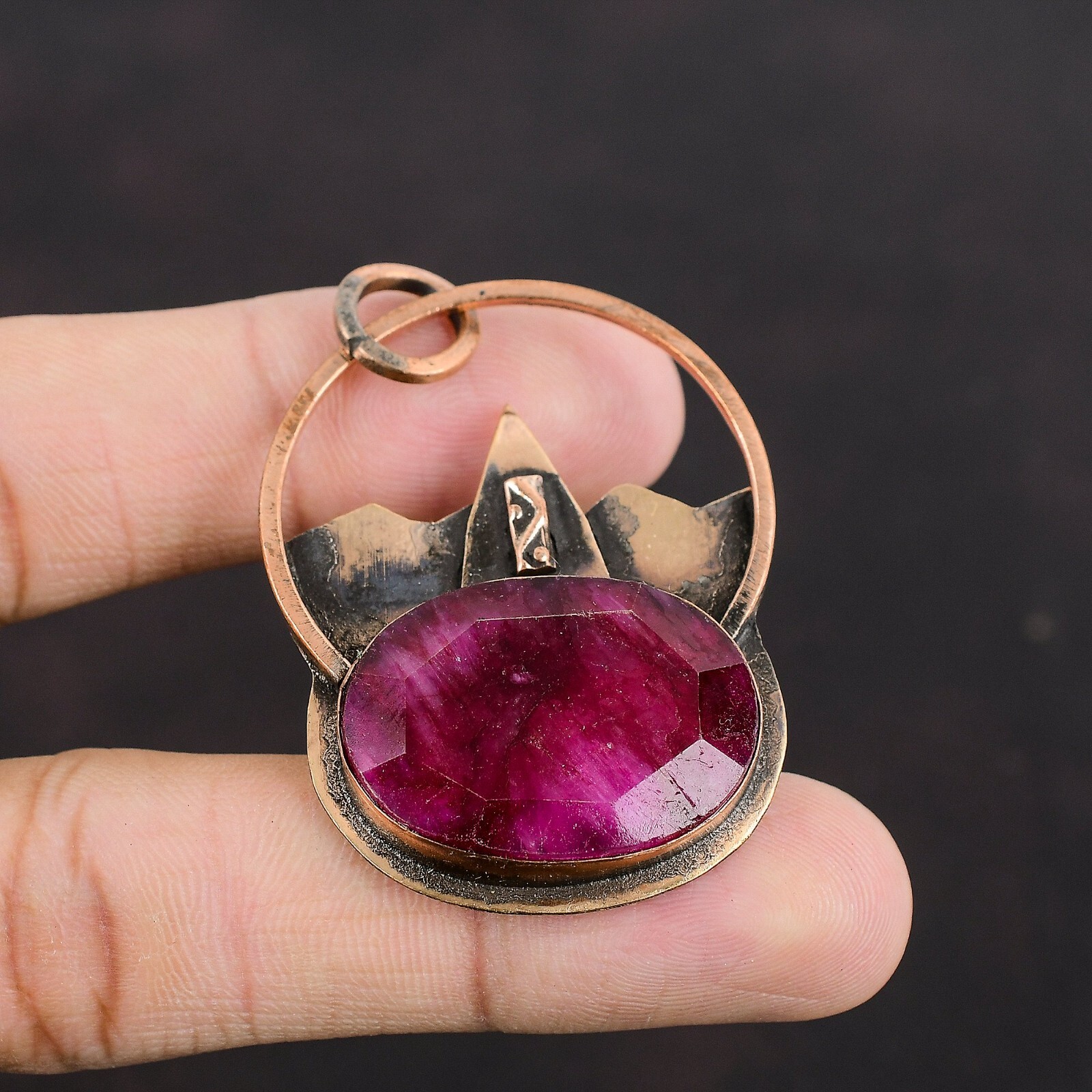 Valentines Deal Oval Kashmir Rubi Stone Copper Bezel Handcrafted Unique Pendant