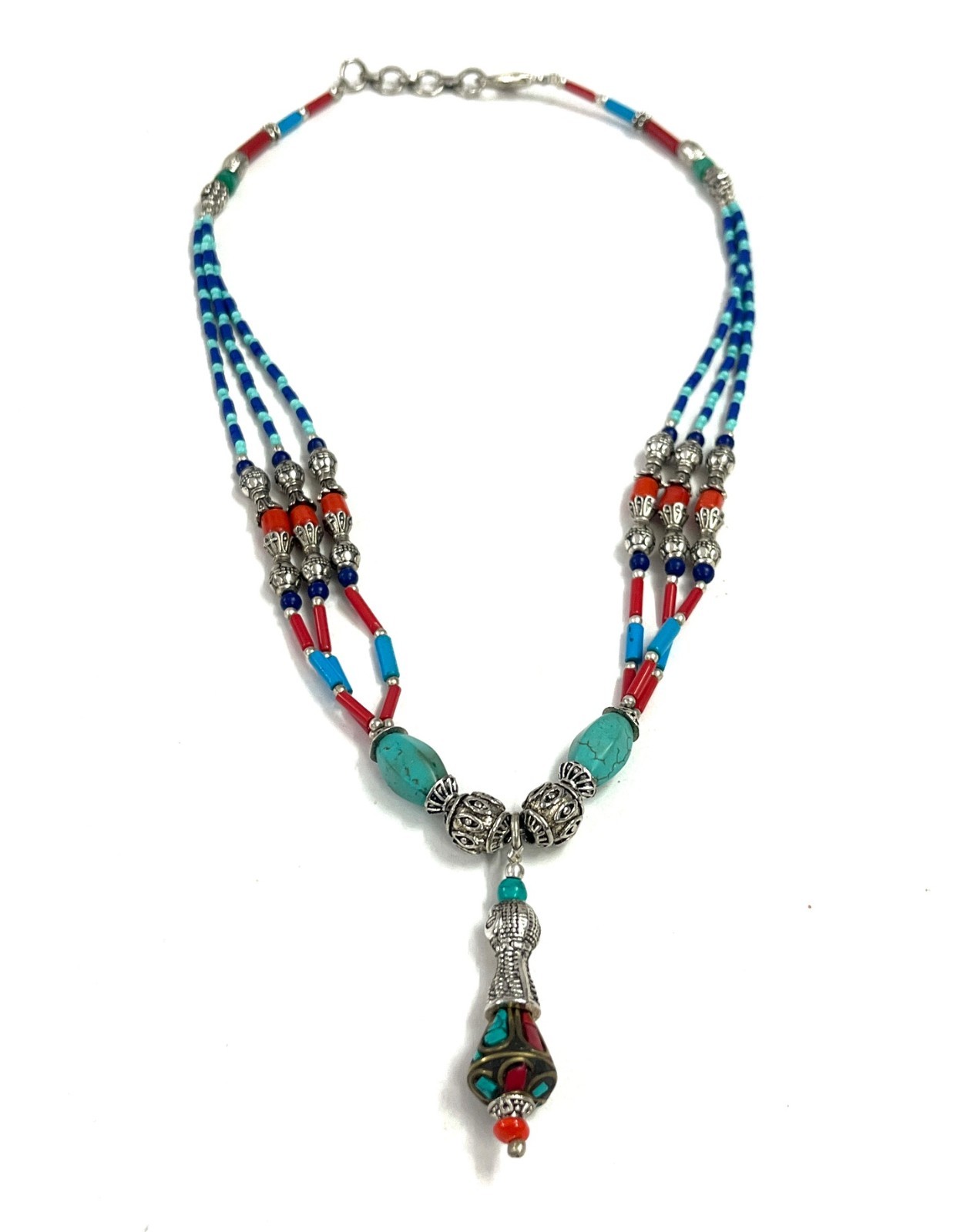 Nepalese Turquoise Coral Gemstone Tibetan Boho Necklace Jewelry, 18 inch Adj