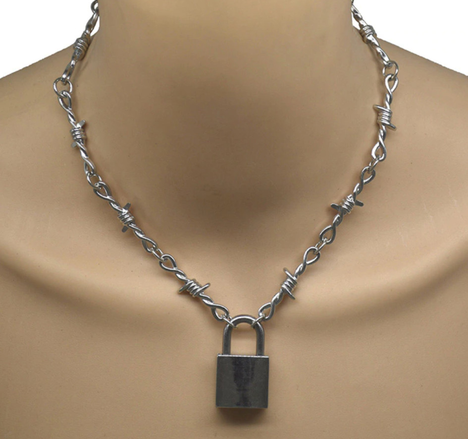 Punk Rock Emo Goth Silver Barbed Wire Chain Necklace & Padlock Pendant – 18 1/2″