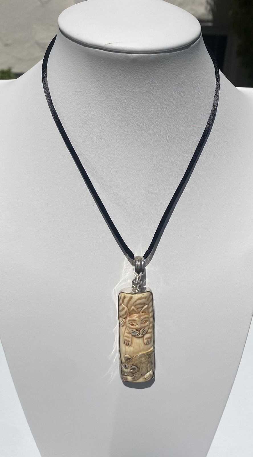 Carved Cats Necklace Silk Satin Cord