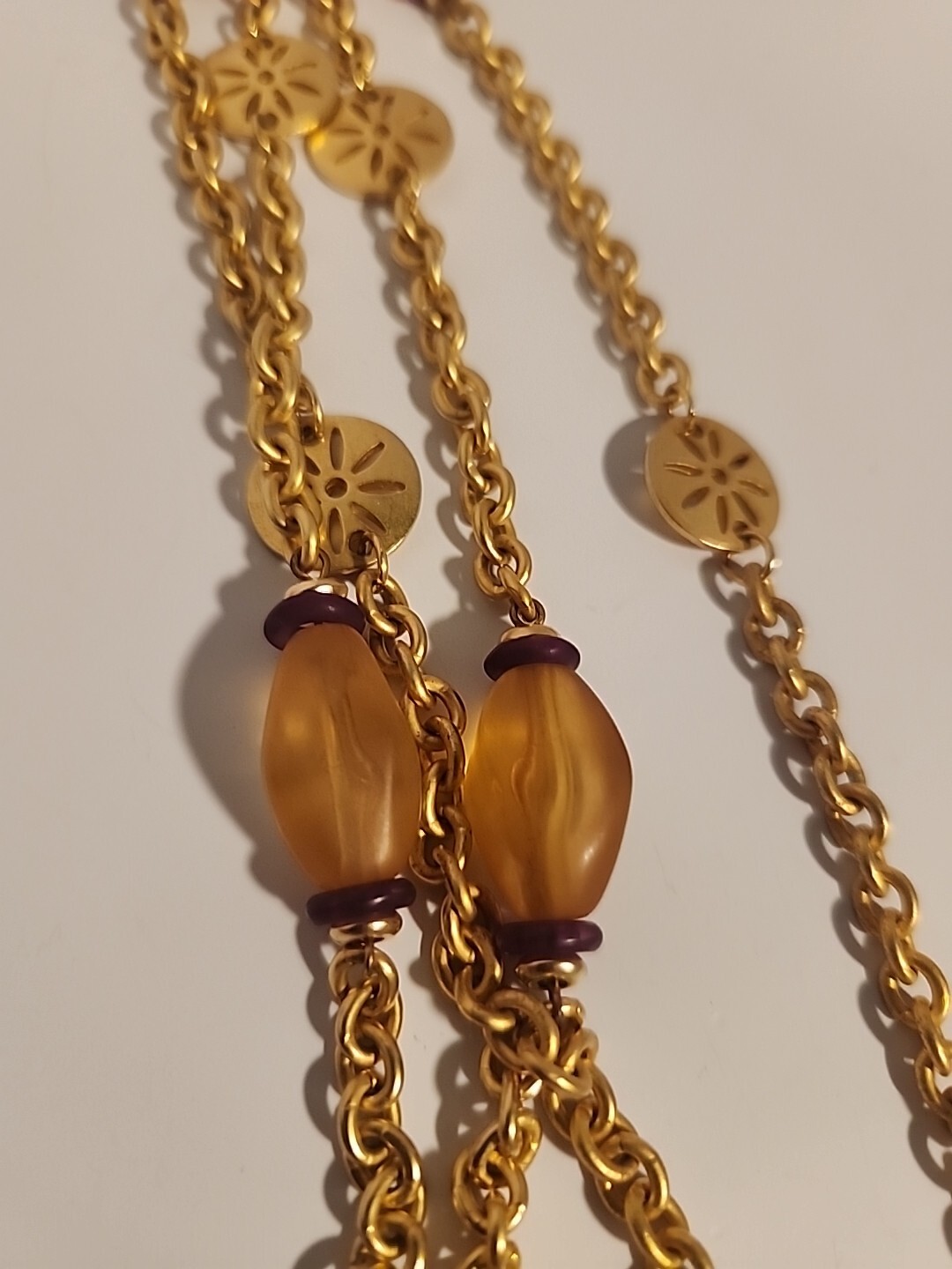 Vtg Liz Claiborne Purple Vase Gold Bakelite Bead Necklace 36″ Long