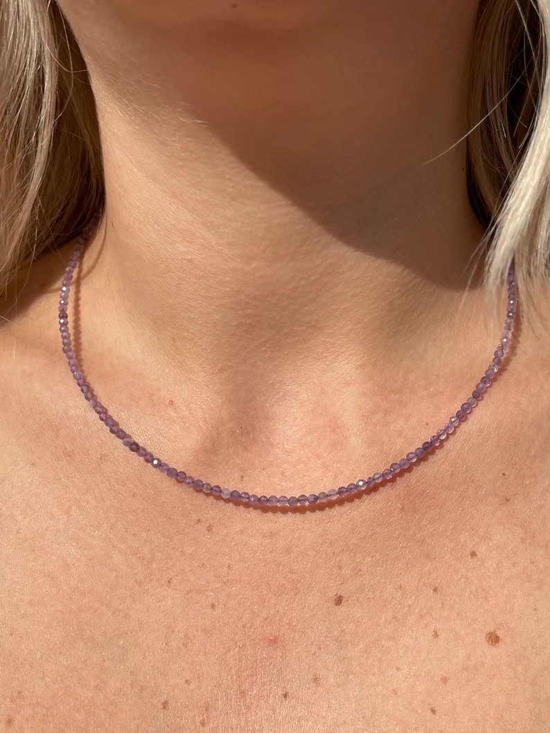 Amethyst 2mm Crystal Gemstone Faceted Beads Minimalist Dainty Choker Necklace