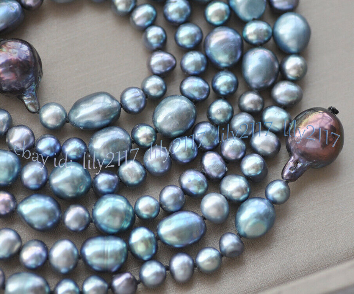 7-8mm 9-10mm Round Baroque Peacock Black Freshwater Keshi Pearl Necklace 50”