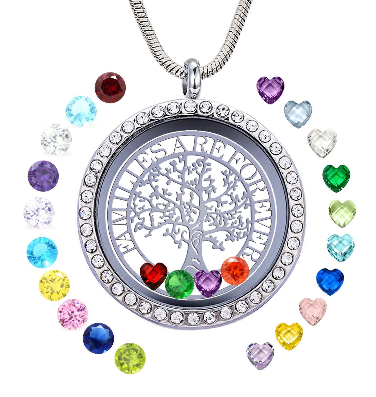 Family Tree of Life Necklace, Floating Locket with 24 Birthstones