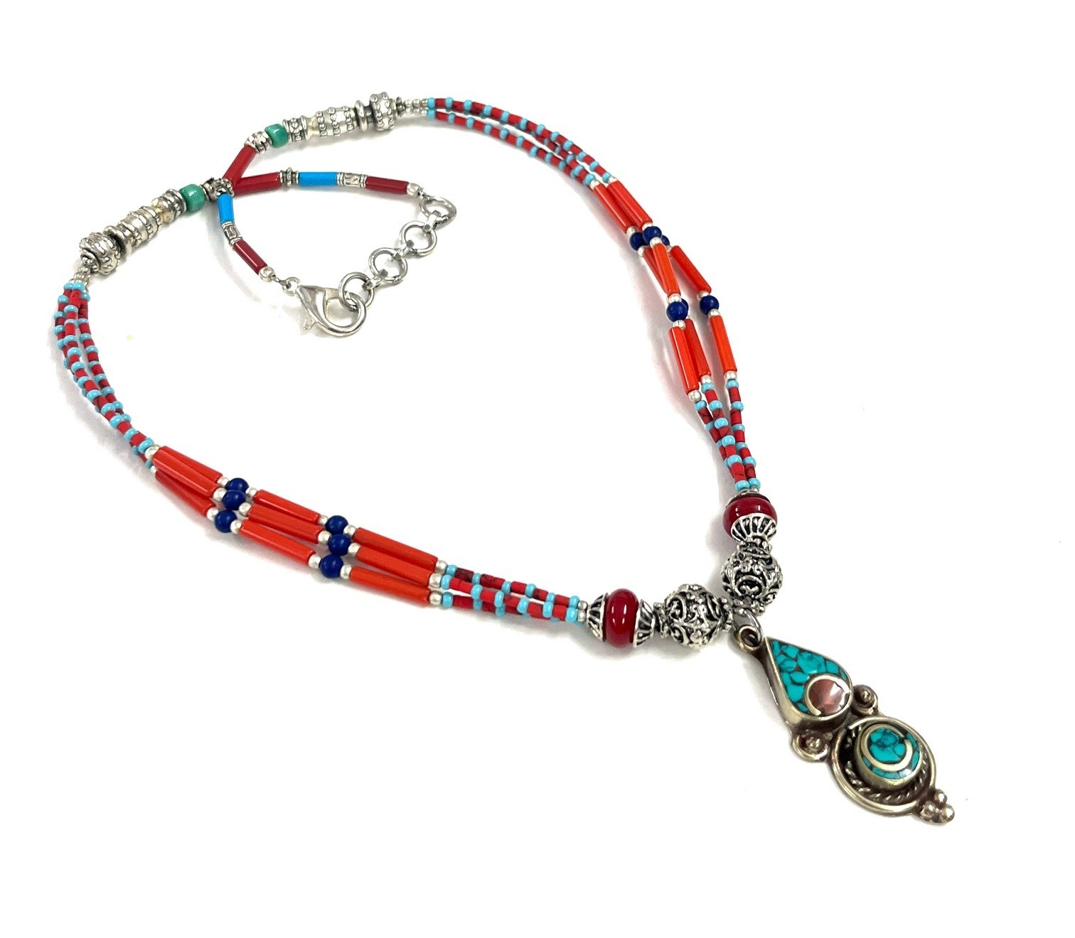Art Deco Red Coral Turquoise Gemstone Tibetan Necklace Jewelry, 16 inch Adjust
