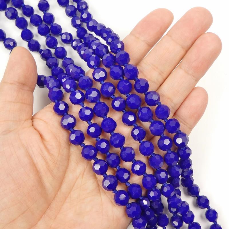 72″ Faceted Cobalt Blue Crystals Knotted Beaded Extra Long Strand Necklace