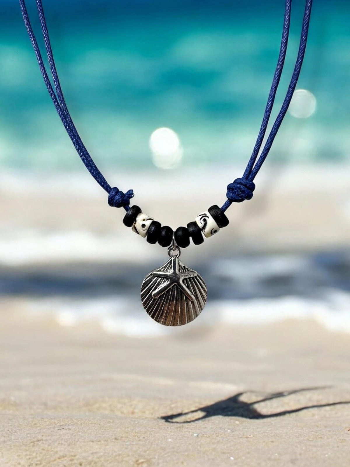 Seashell & Starfish Pendant Necklace | Silver Tone | Navy Blue Cord | Beach