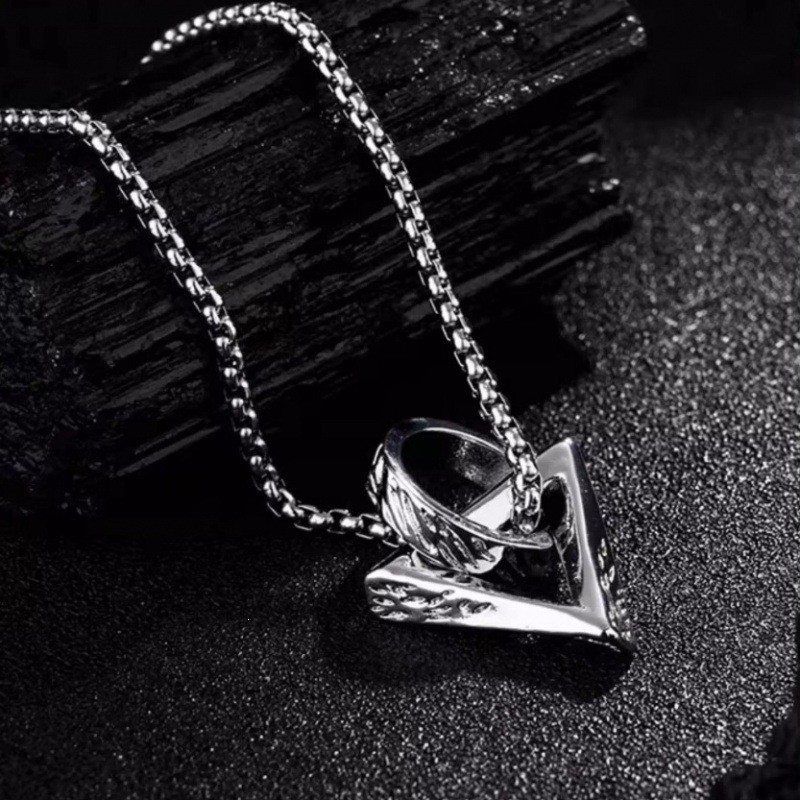 Triangle Ring Interlock Pendant Necklace Stainless Steel Silver Unisex Choker
