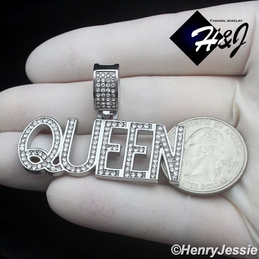 WOMEN’s Stainless Steel ICY Bling CZ 3D HipHop “QUEEN” Letter Pendant*P149