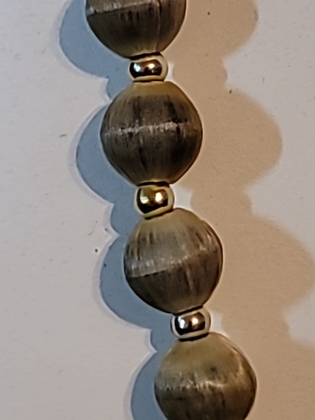 Grey Silk Satin Thread Beaded Necklace Gold w/ Toned Beads