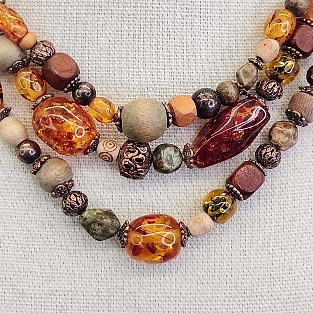 Beaded Necklace Roman Jewelry Copal Wood Beads Triple Layered 16-18″