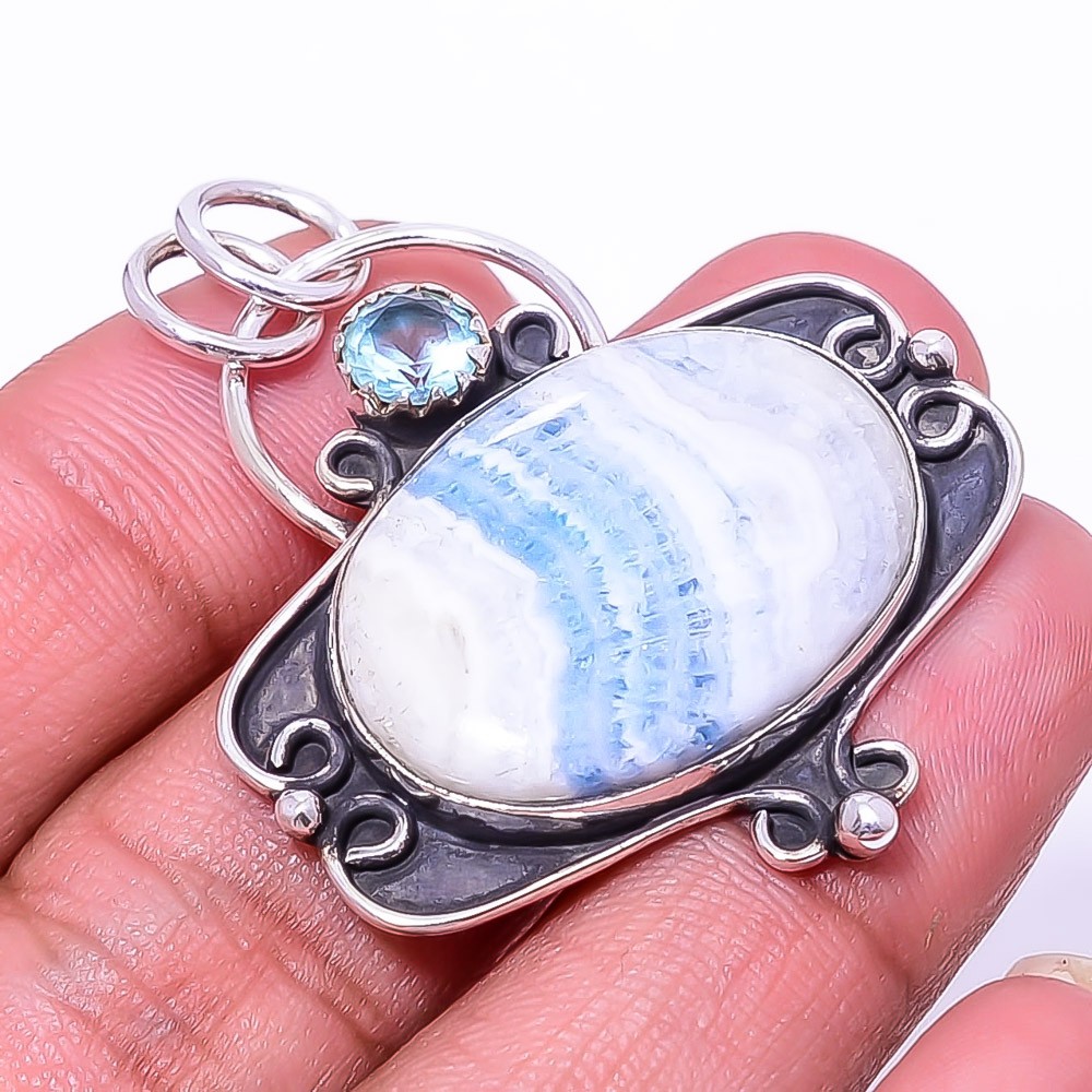 Blue Scheelite – Turkey & Aquamarine 925 Sterling Silver Pendant 1.72″ P12