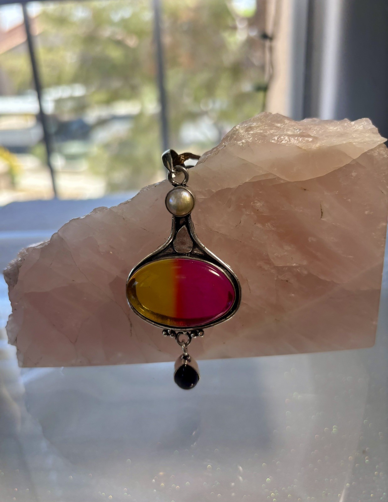 Bi Color Tourmaline Black Onyx Gemstone Pendant Jewelry 2.88″