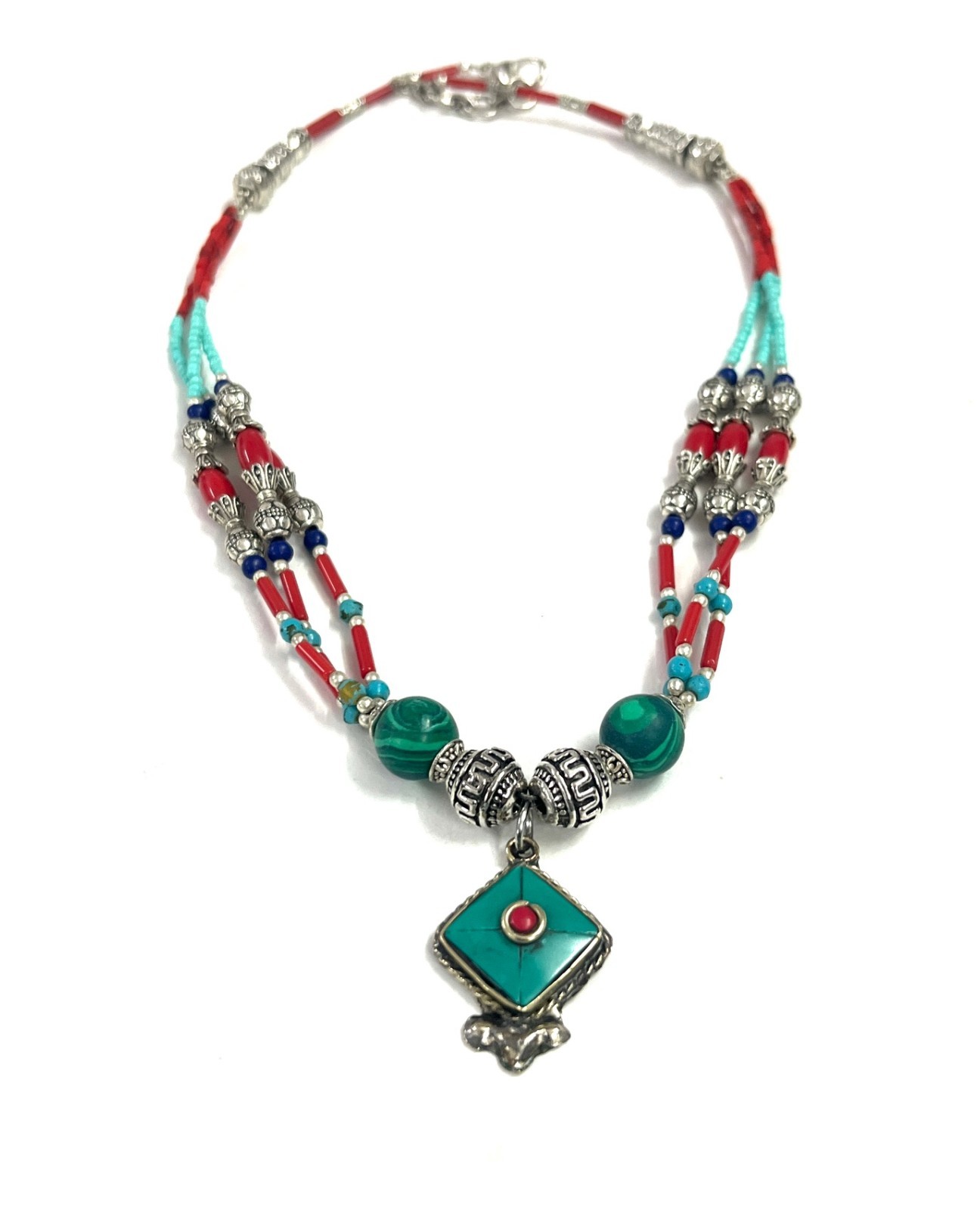Antique Turquoise Coral Gemstone Tibetan Style Necklace Jewelry, 17 Inc Adjs