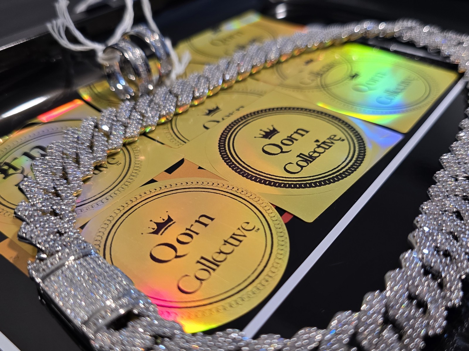 Qorn Iced Out Jewelry Set 14mm 2-Row CZ Cuban Chain & Stainless Steel Rings