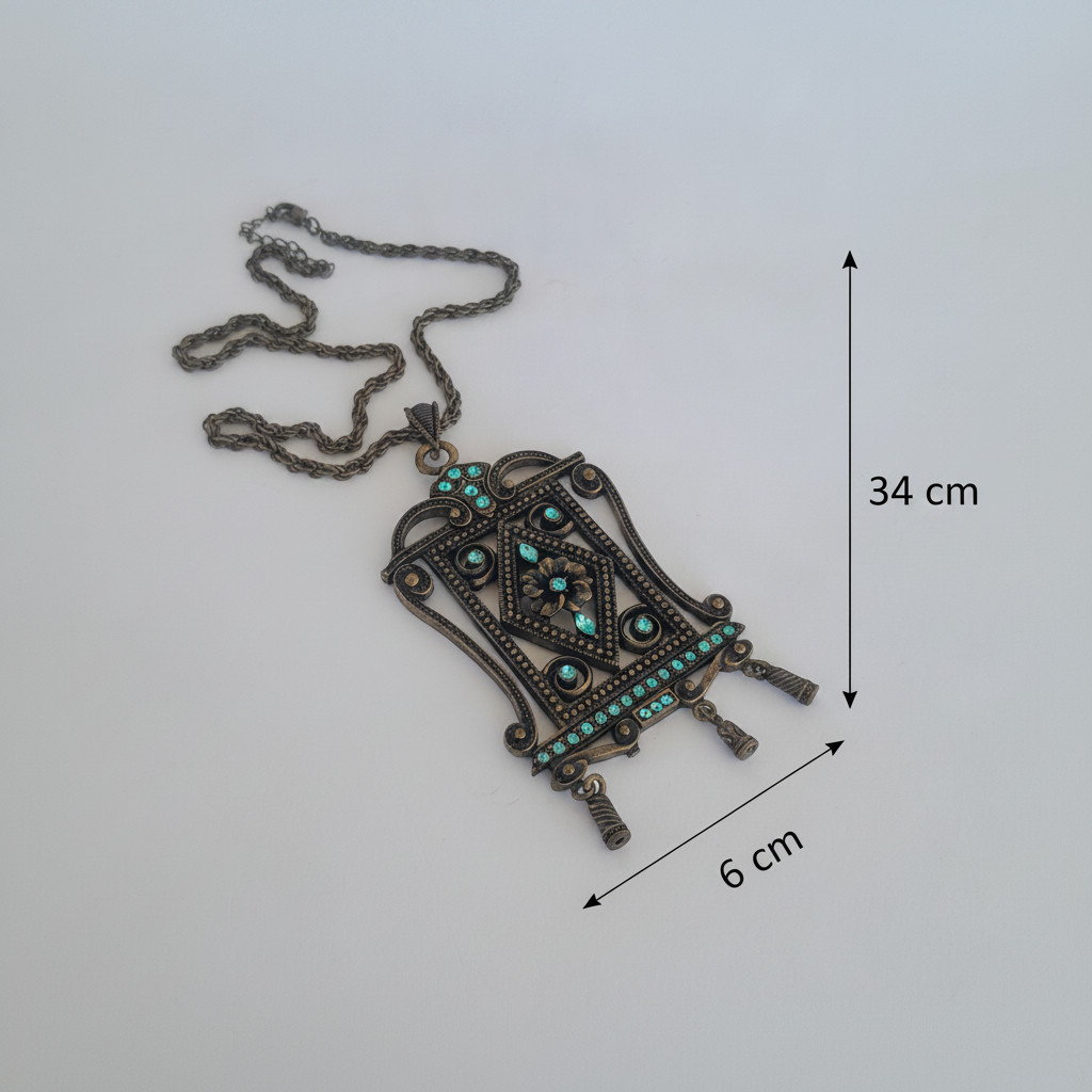 Vintage Women’s Large Chain Necklace Antique Bronze Turquoise Rhinestone Ornate