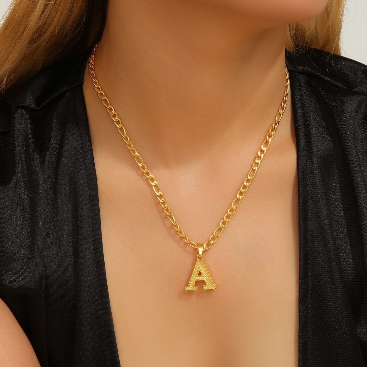 18K Gold Plated Chain Necklace Full Zirconia Alphabet Pendant Women Jewelry