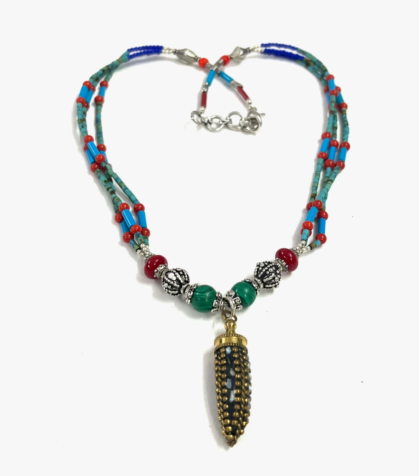 Turquoise Red Coral Gemstone Tibetan Bohemian Necklace Jewelry, 17 inch Adju