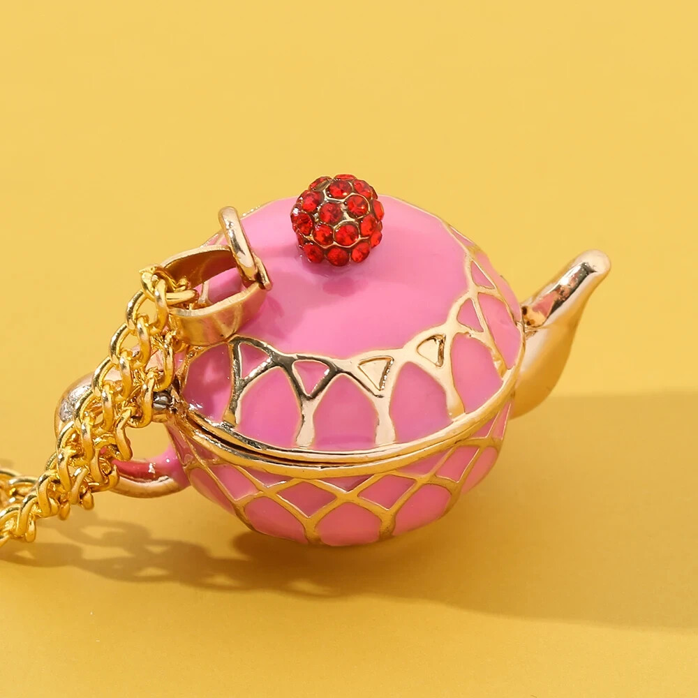 Pink & Gold Teapot Necklace – Cute, Locket Style – Coffee, Tea, Cute Gift