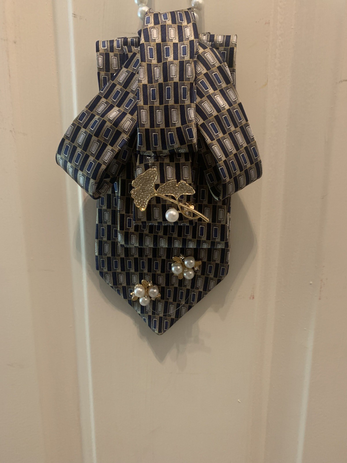 Ladies Necktie Necklace Blue Gray Gold Interchangeable