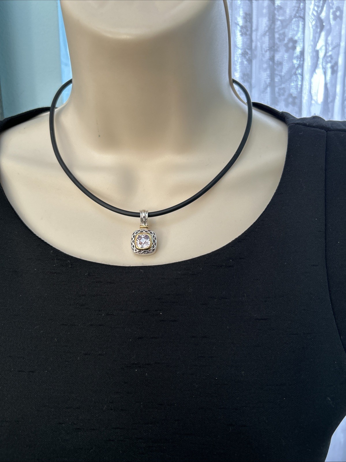Gold And Silver Tone Square Pink Lab Diamond Pendant Necklace On Black Cord 16”