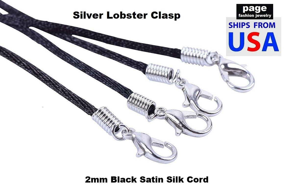 1pc Black Satin Silk Cord Necklace 2mm 18″ 20″ 24″ + 2″ Extension- Lobster Clasp