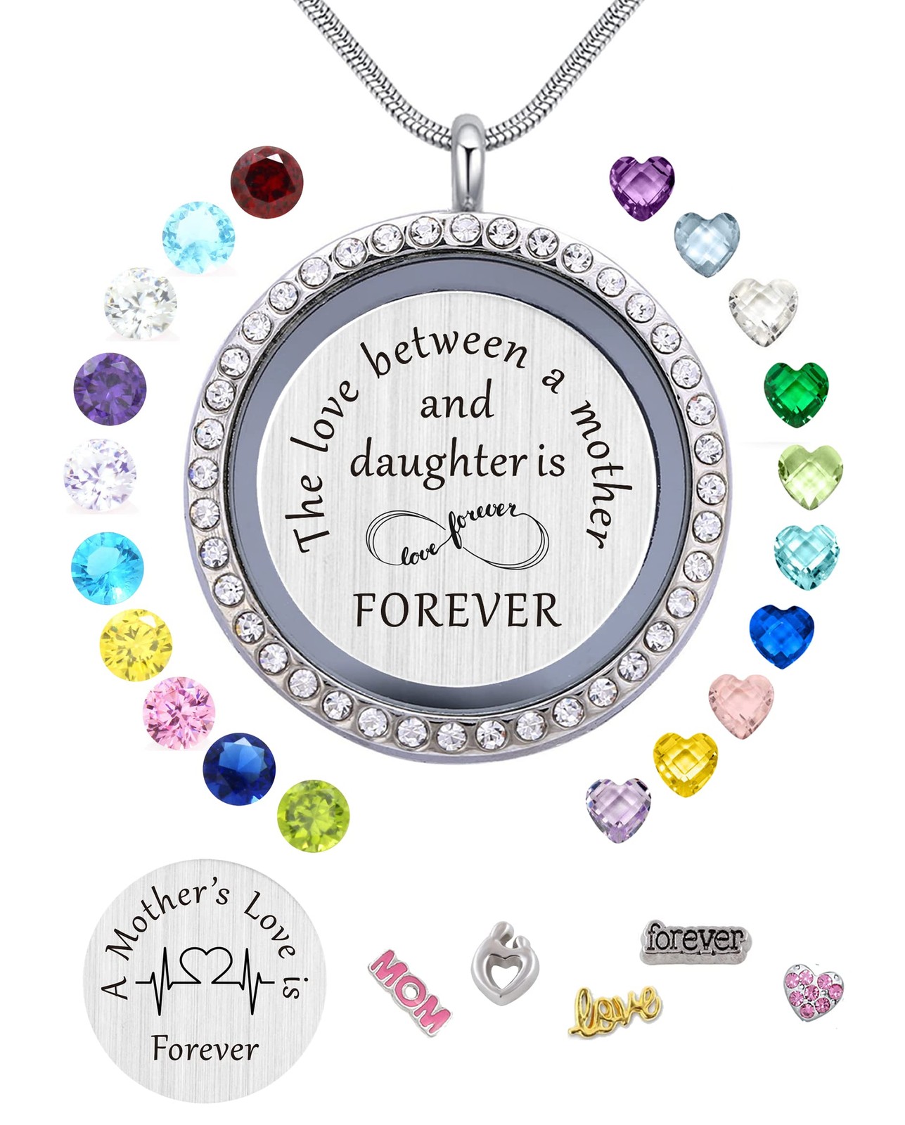 Mom Love Gift, Mother Memory Floating Locket with Birthstones Charm