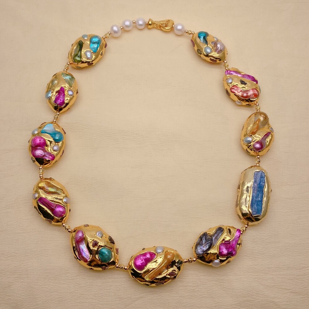 Multi Color Shell Pearl Blue Kyanite Choker Necklace