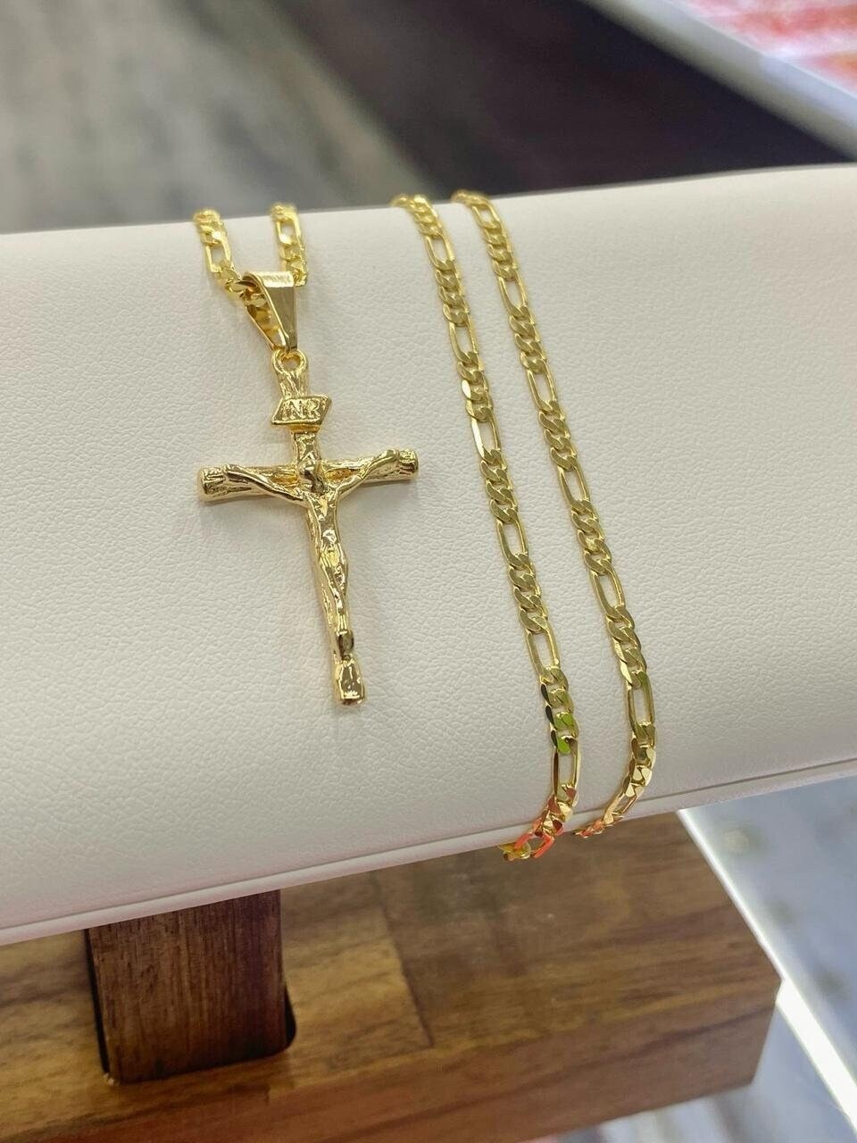 Rustic Cross Necklace 14K Yellow GF Figaro Chain 24″ Gifts Jewelry Religious