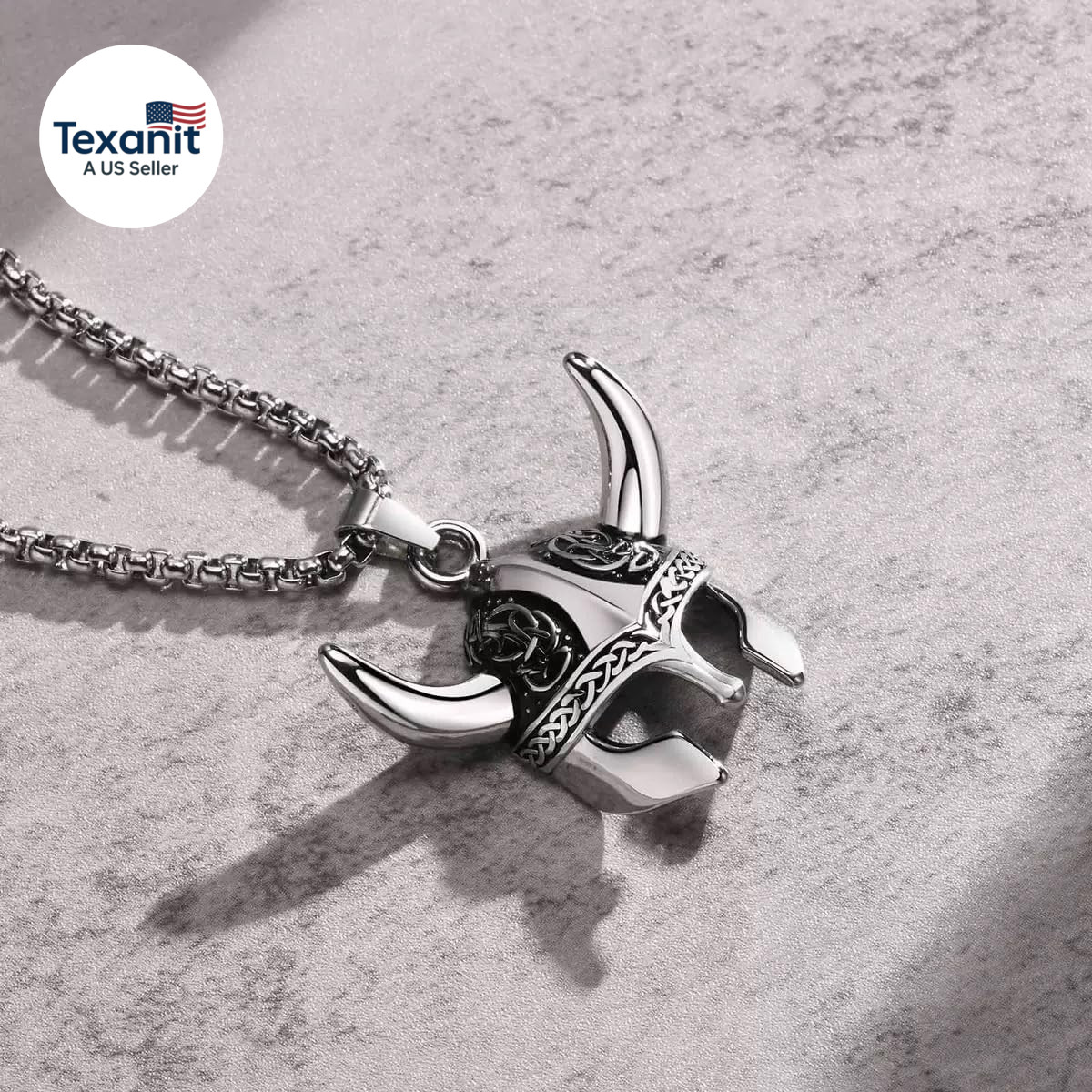Viking Warrior Helmet Necklace – Celtic Knots Pendant – Stainless Steel Horn Jew