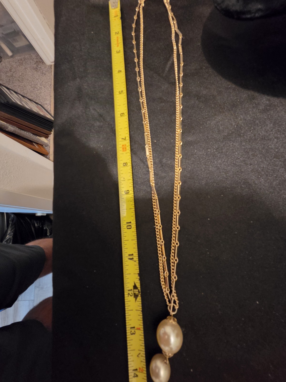Gold Tone Double Curb Link Chain Necklace 24in White Pearl Drop Pendant