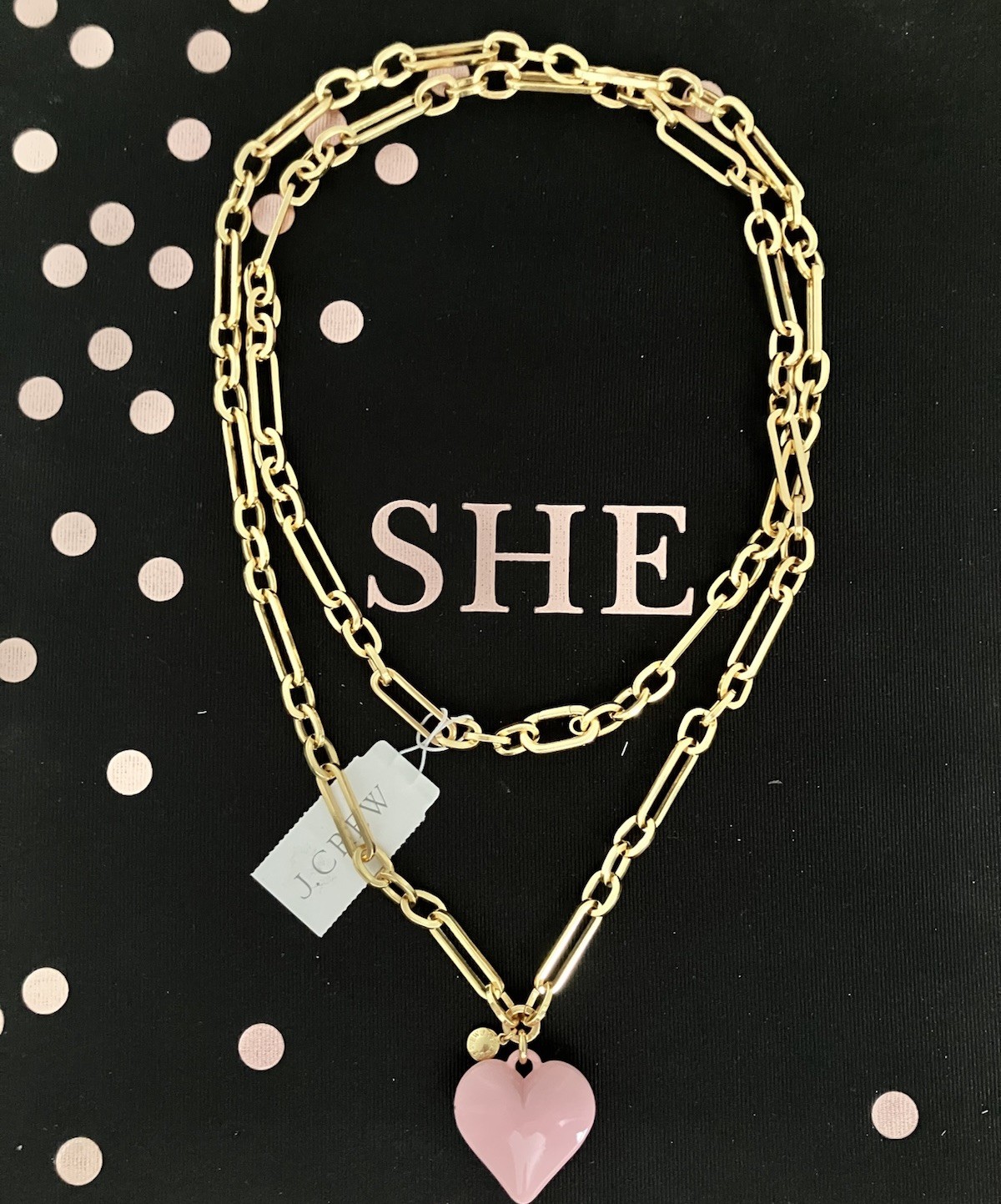 NWT J Crew Pink Enamel Heart Gold Tone Statement Necklace