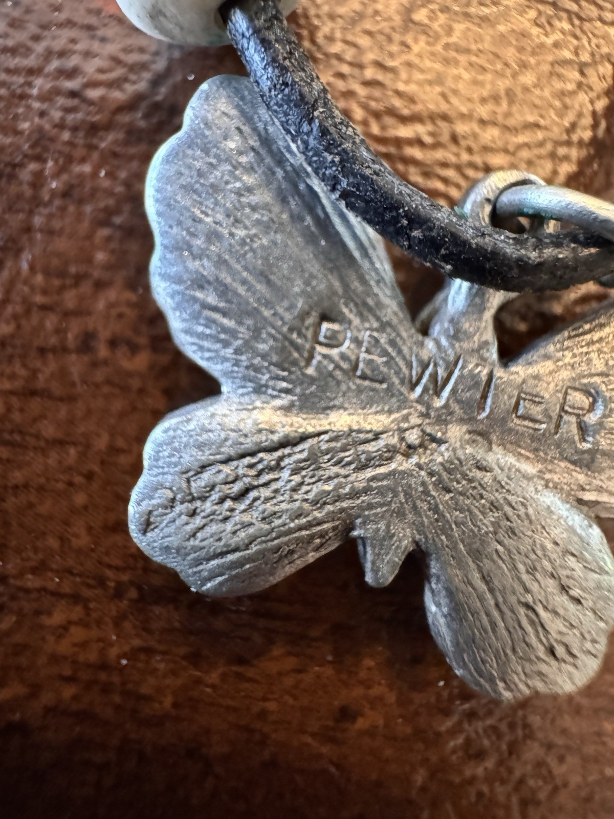 Beaded Necklace – Signed Pewter Butterfly Charm Pendant Cord Brown/Black Rustic