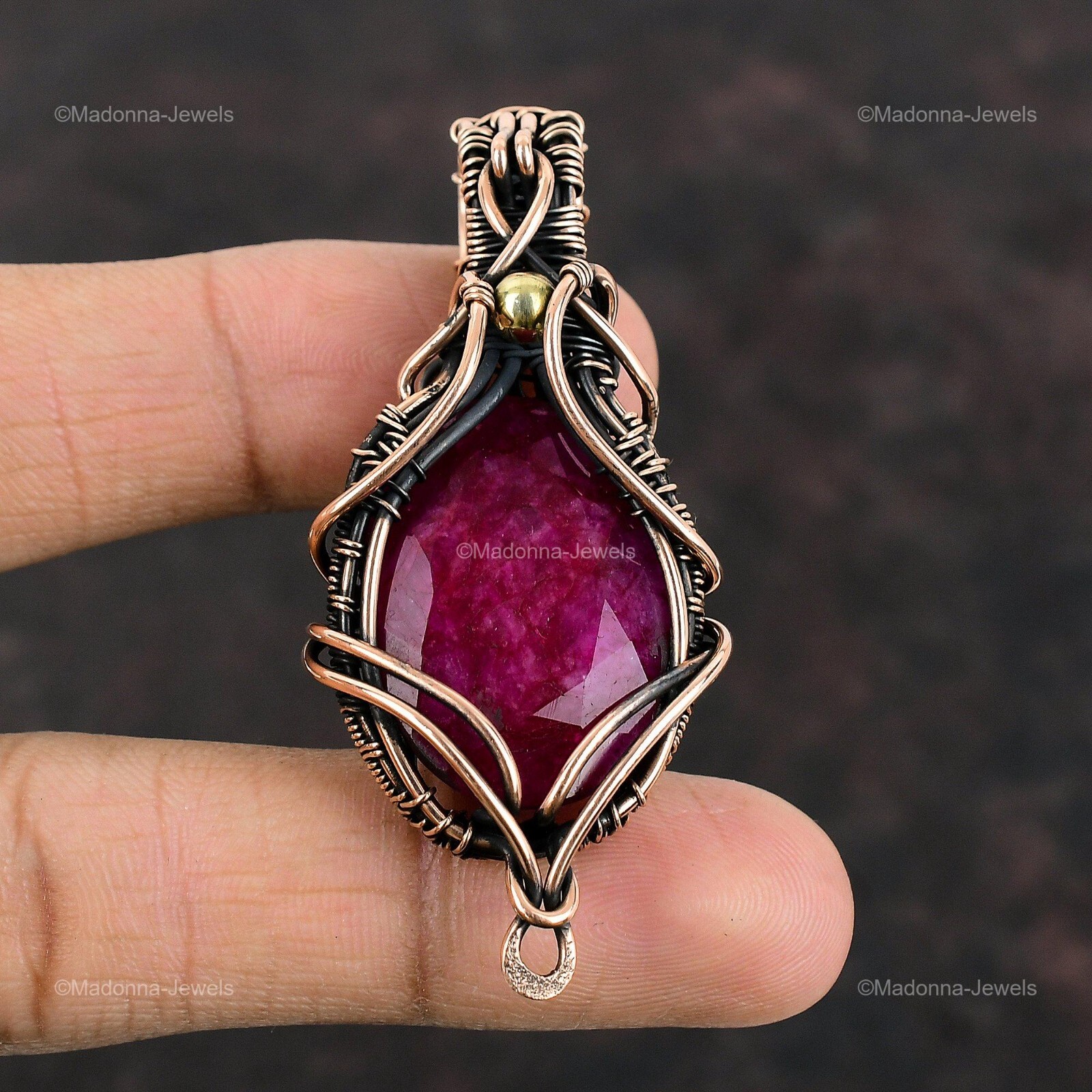 Mothers day Deal Oval Natural Kashmir Rubi Copper Wire Wrapped Pendant Jewelry