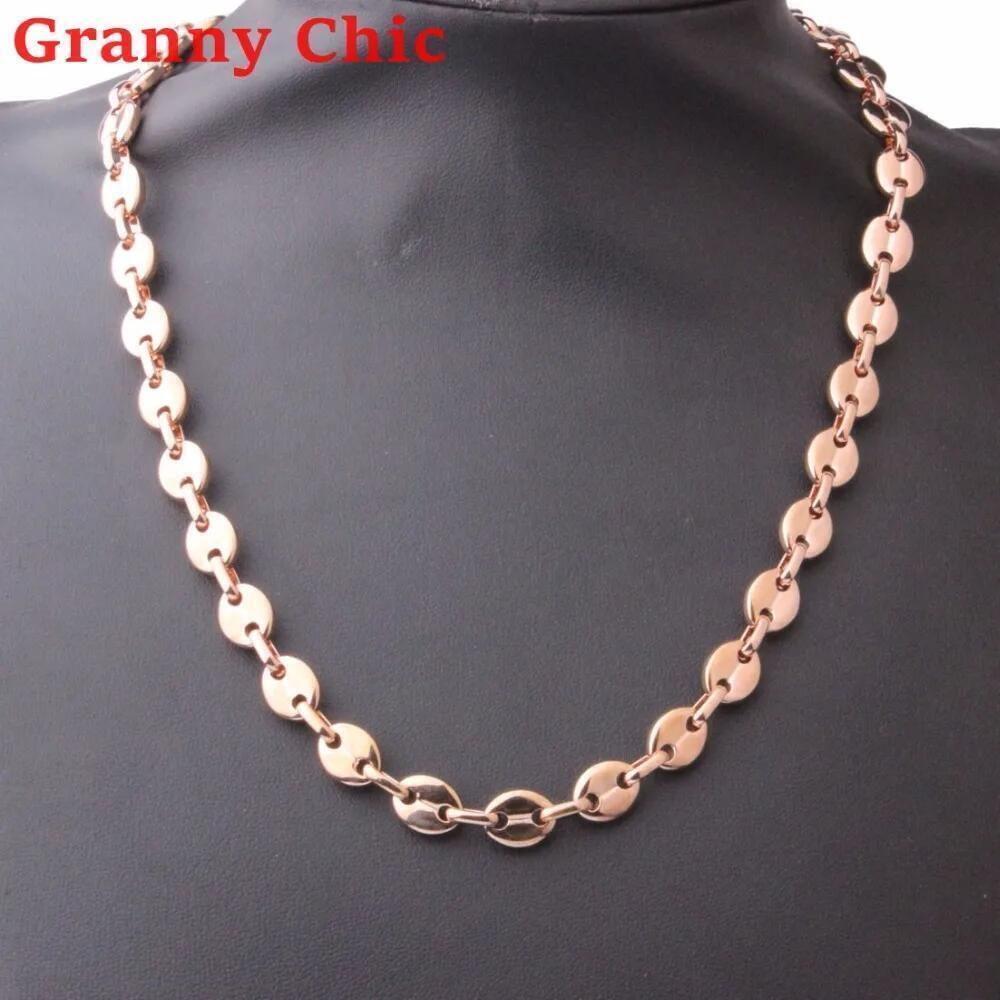 7/9/11mm Men Women Rose Gold Tone Stainless Steel Coffee Beans Chain Necklace