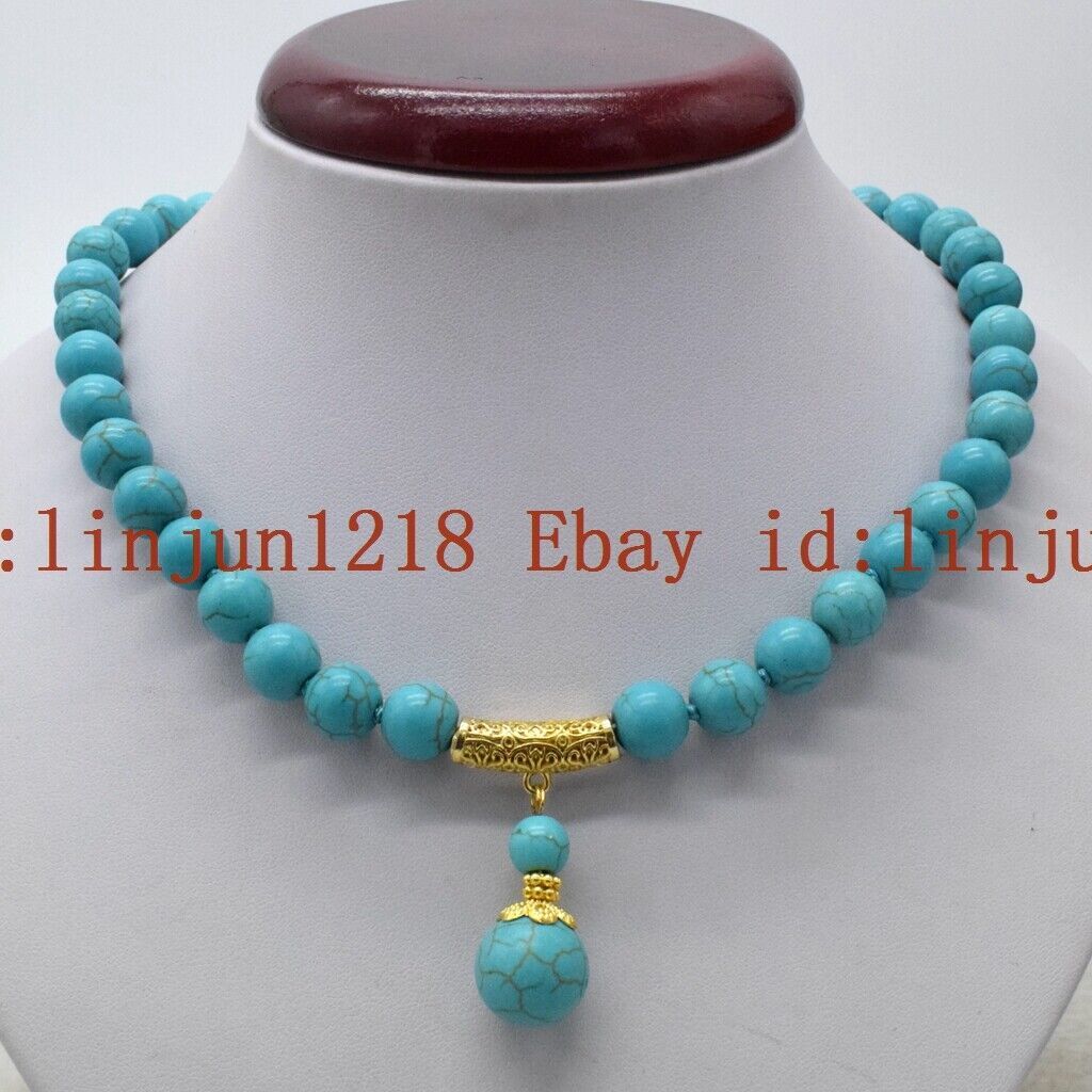 Natural 10mm Blue Turquoise Round Gemstone 8-10mm Pendant Beads Necklace 18”